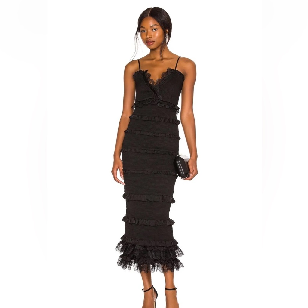 V. Chapman Black Ruffled Tiered Midi Dress